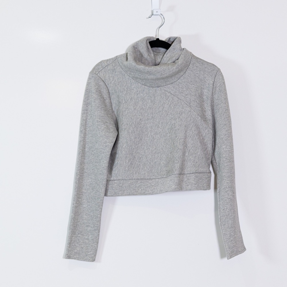 Alo Soleil Cotton Blend Turtleneck Cropped Pullover Long Sleeve Sweater Gray S